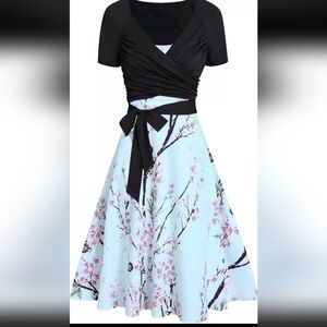 Light Blue Peach Blossom Dress with Black Crop Top Sweater